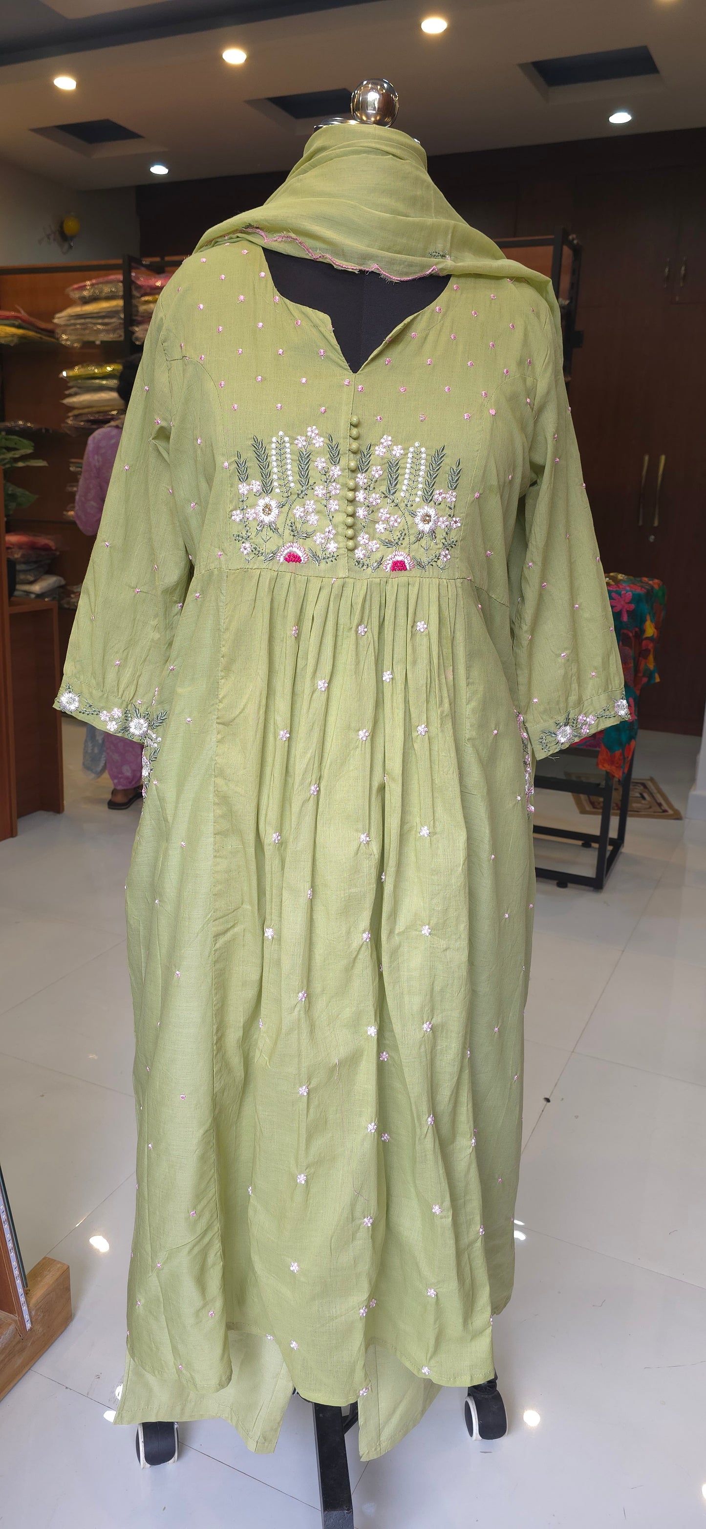 Green Embroidery Mul cotton A-line Kurti Pant Dupatta set