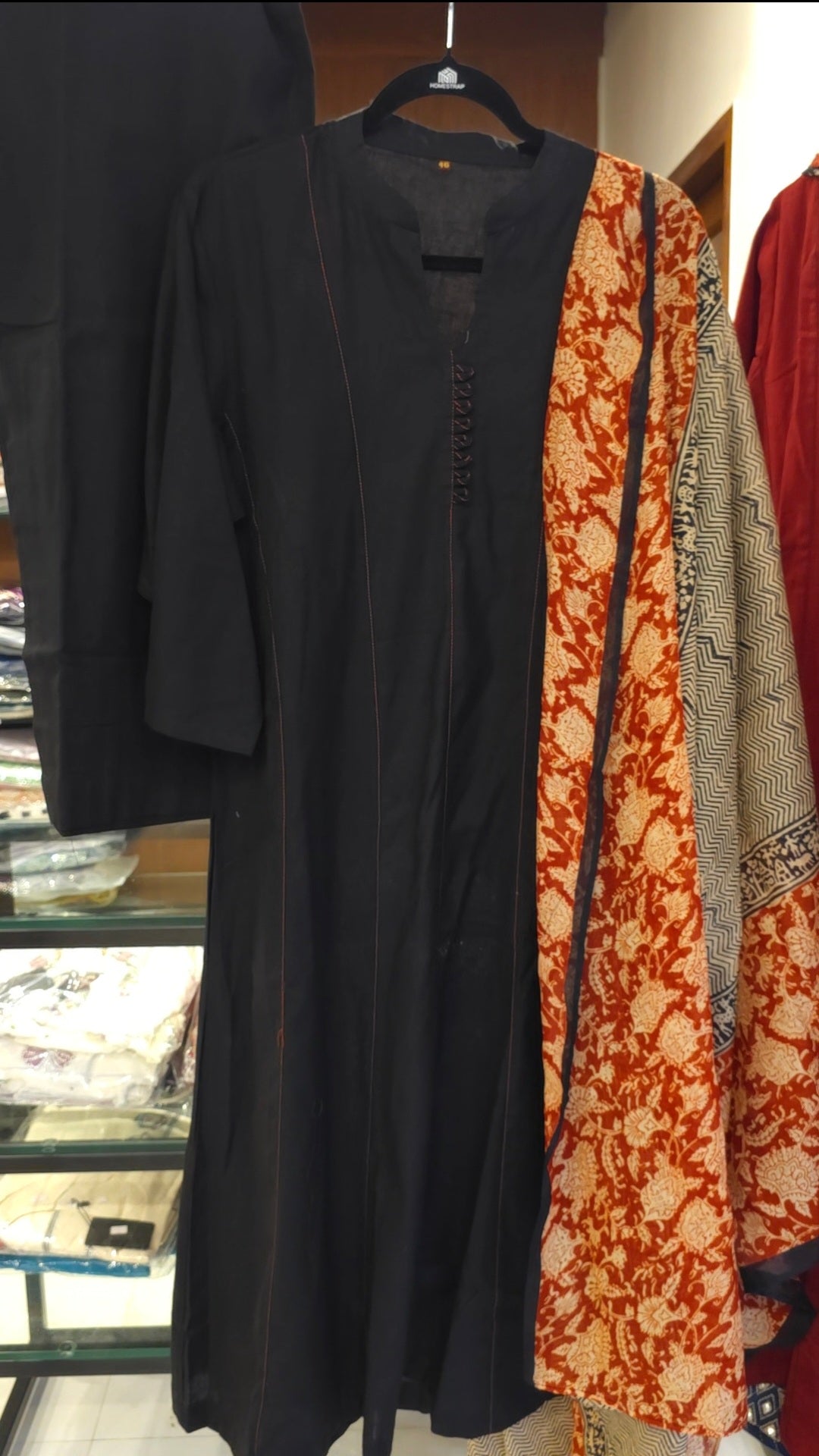 Solid Black Ajrakh Print Dupatta Suit Set