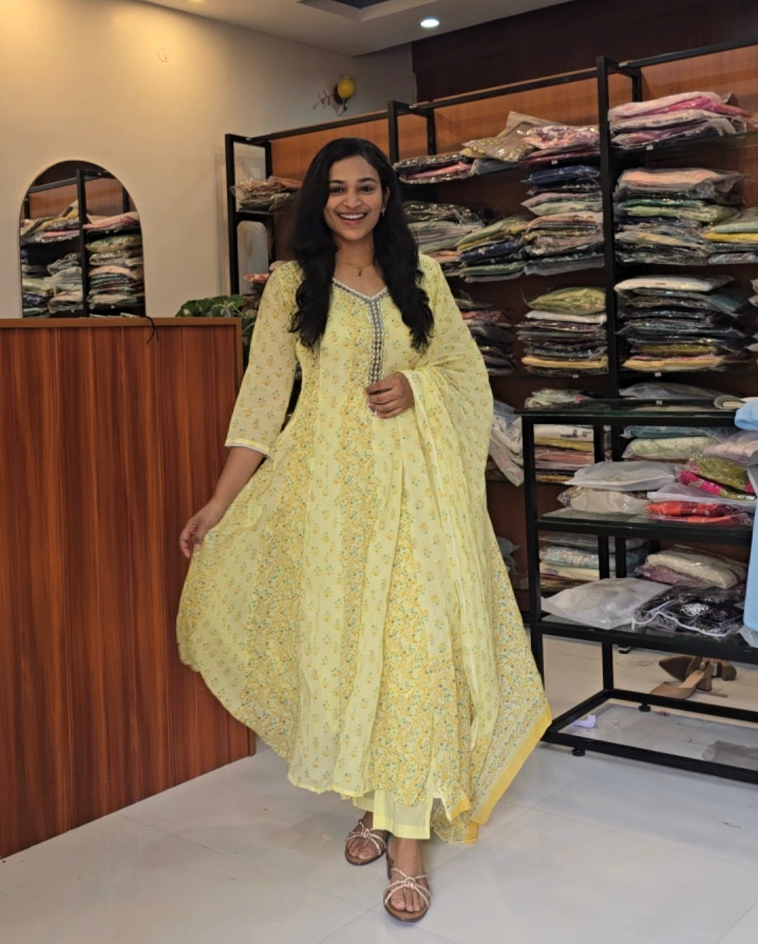 Lemon Yellow Mul Anarkali Set