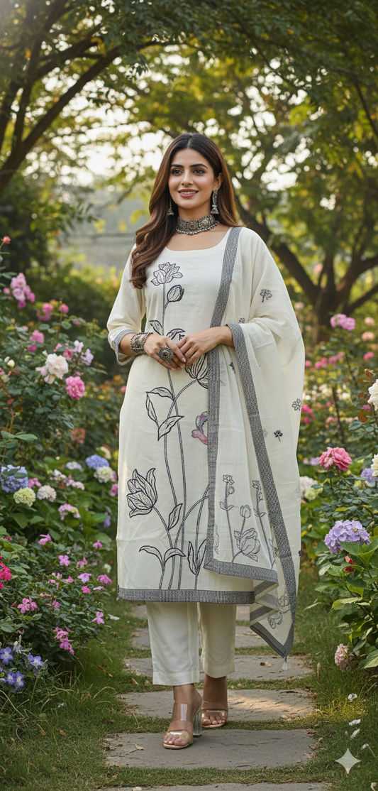 Pearl White Semi Linen Salwar Set