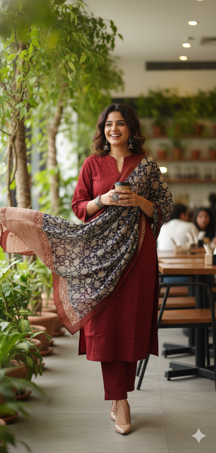Solid Red Ajrakh Dupatta  Suit Set