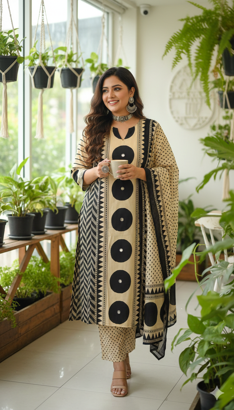 Black Beige A-line Cotton Salwar Set