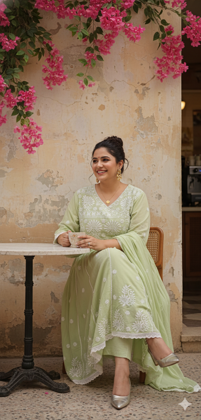 Green Mul Cotton Chickankari Anarkali Dupatta Pant Set