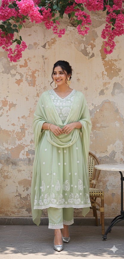 Green Mul Cotton Chickankari Anarkali Dupatta Pant Set