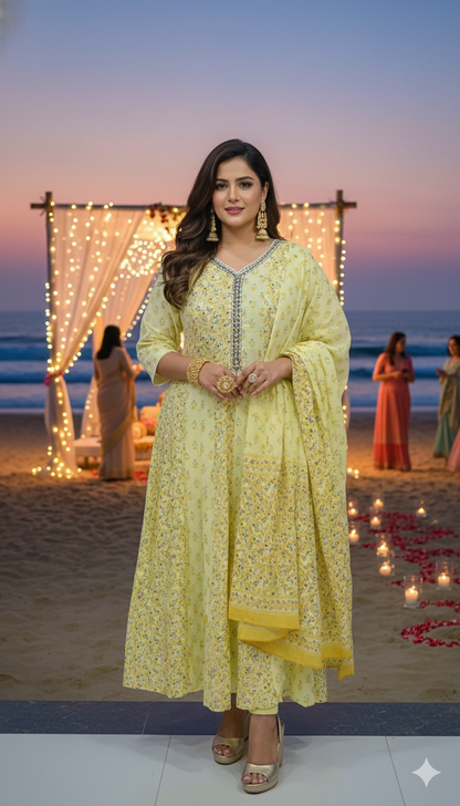 YELLOW MUL COTTON ANARKALI SET