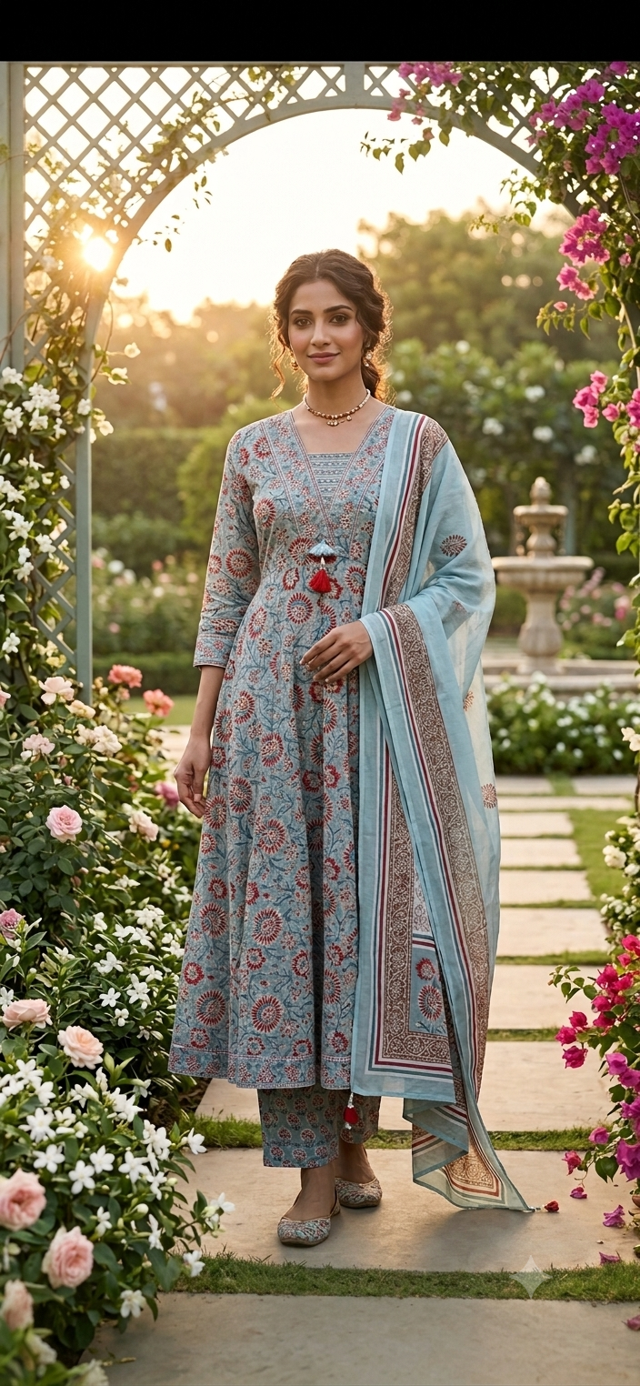 Turquoise Printed Cotton Anarkali Set