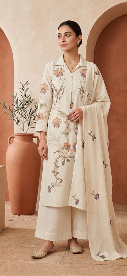 Ivory Cotton  Embroidered Salwar Set