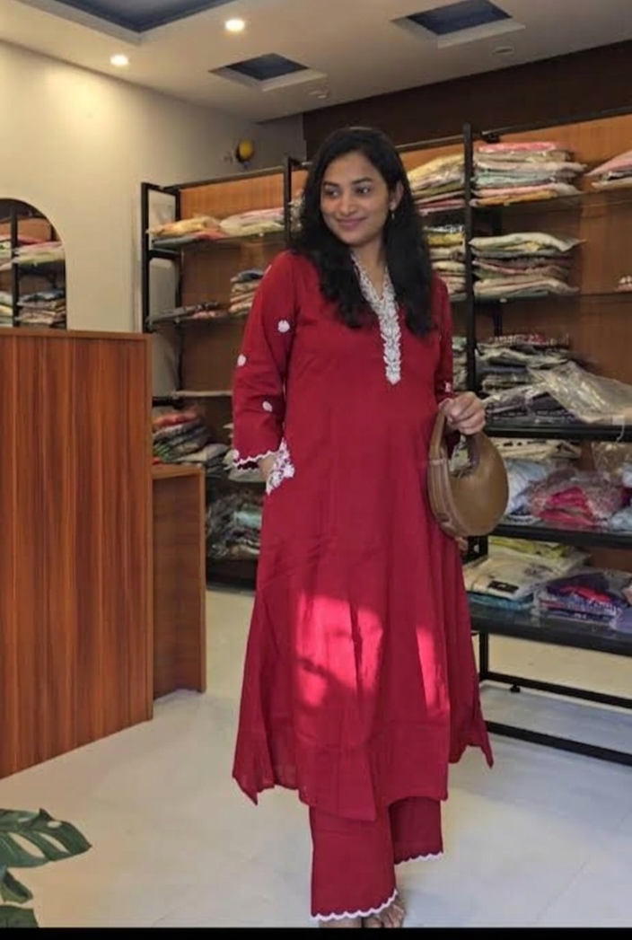 Red A Line embroidered kurti pant set