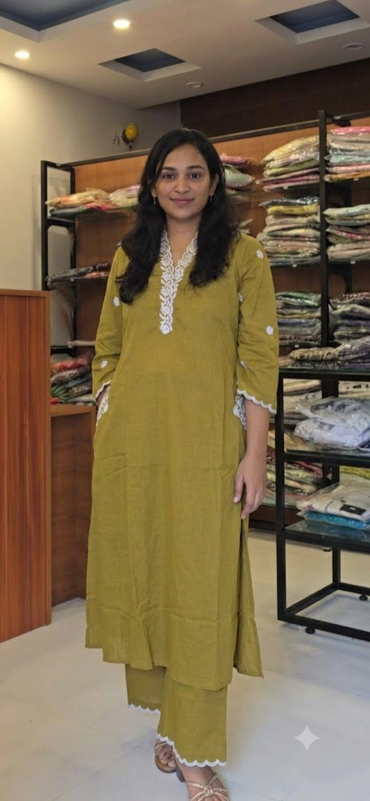 Mehandi Green A Line embroidered kurti pant set