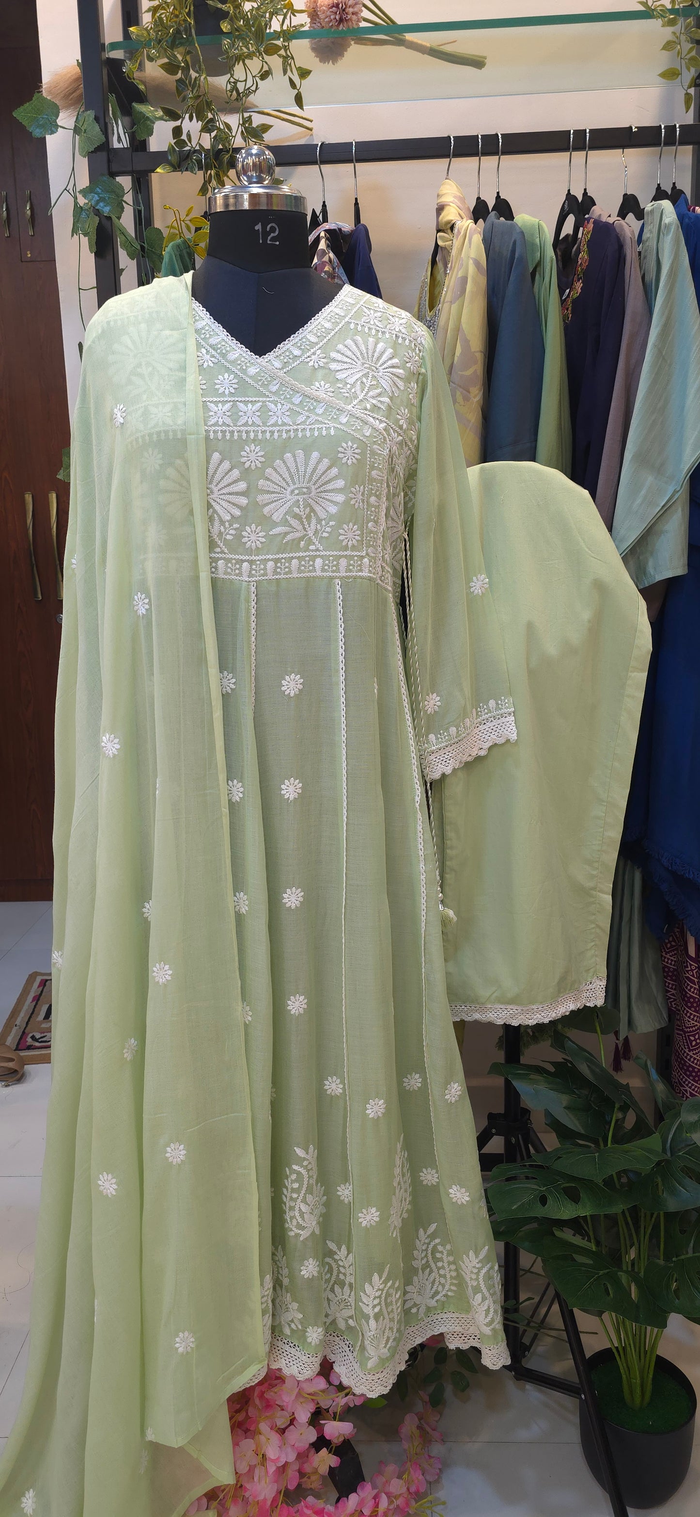 Green Mul Cotton Chickankari Anarkali Dupatta Pant Set