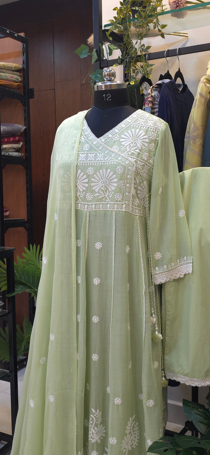 Green Mul Cotton Chickankari Anarkali Dupatta Pant Set
