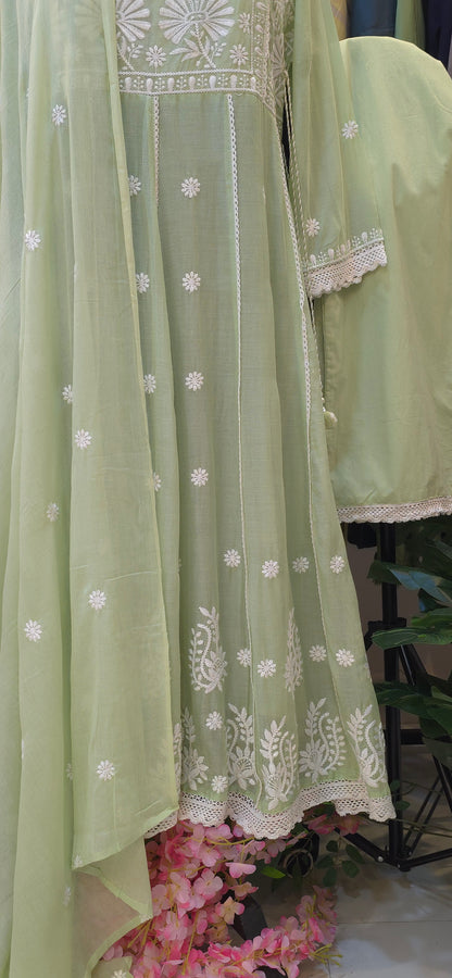 Green Mul Cotton Chickankari Anarkali Dupatta Pant Set