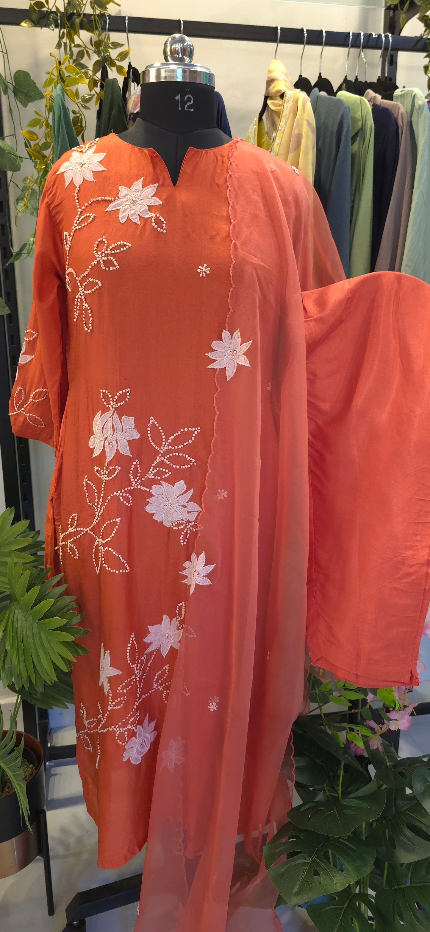 Orange Muslin silk suite set