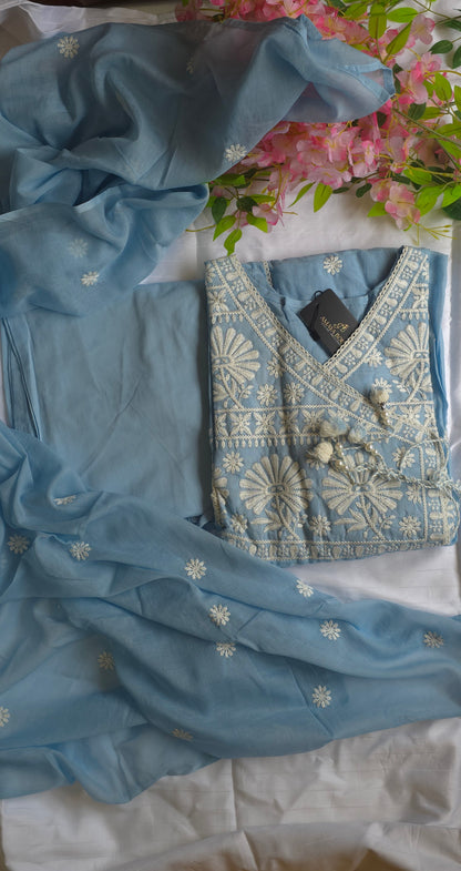 Blue Mul Cotton Chickankari Anarkali Dupatta Pant Set