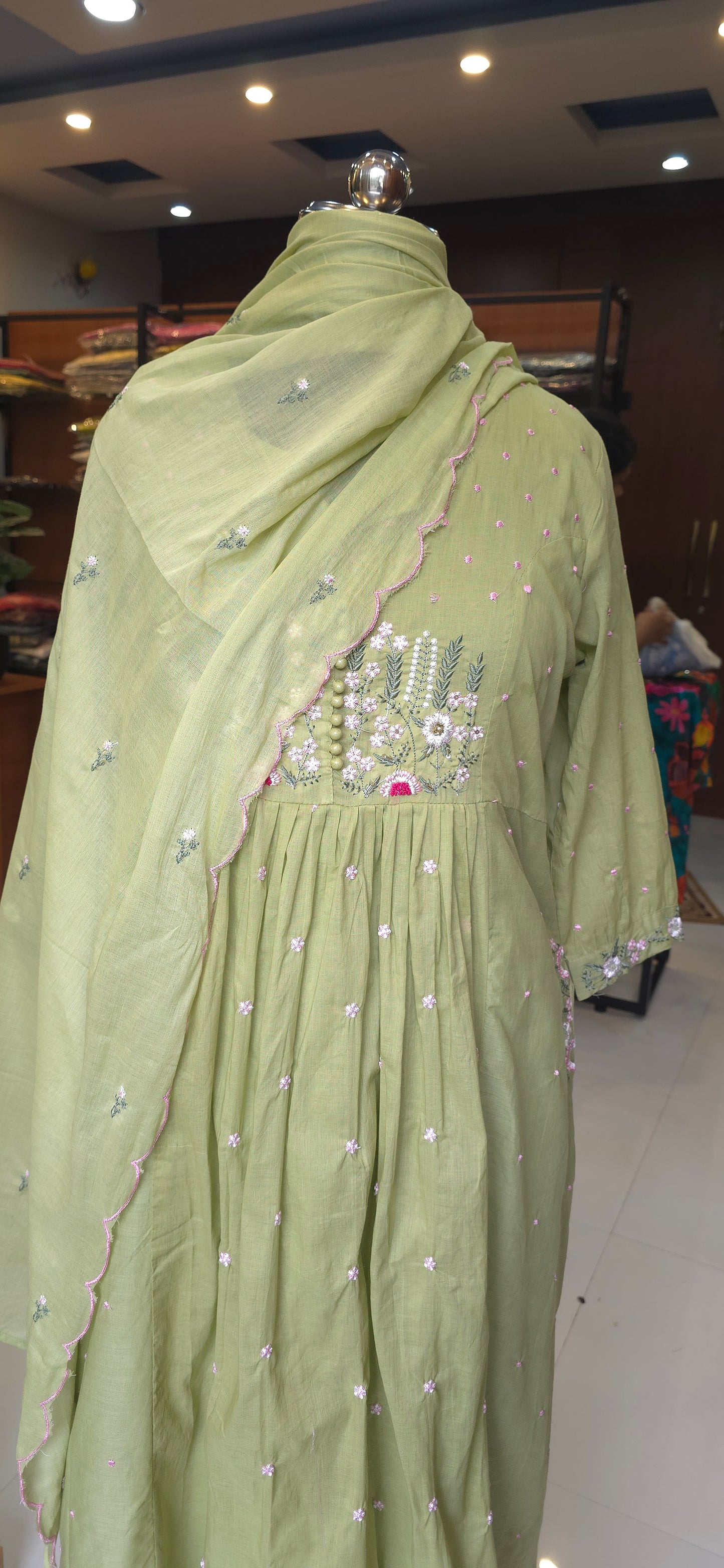 Green Embroidery Mul cotton A-line  Kurti Pant Dupatta set