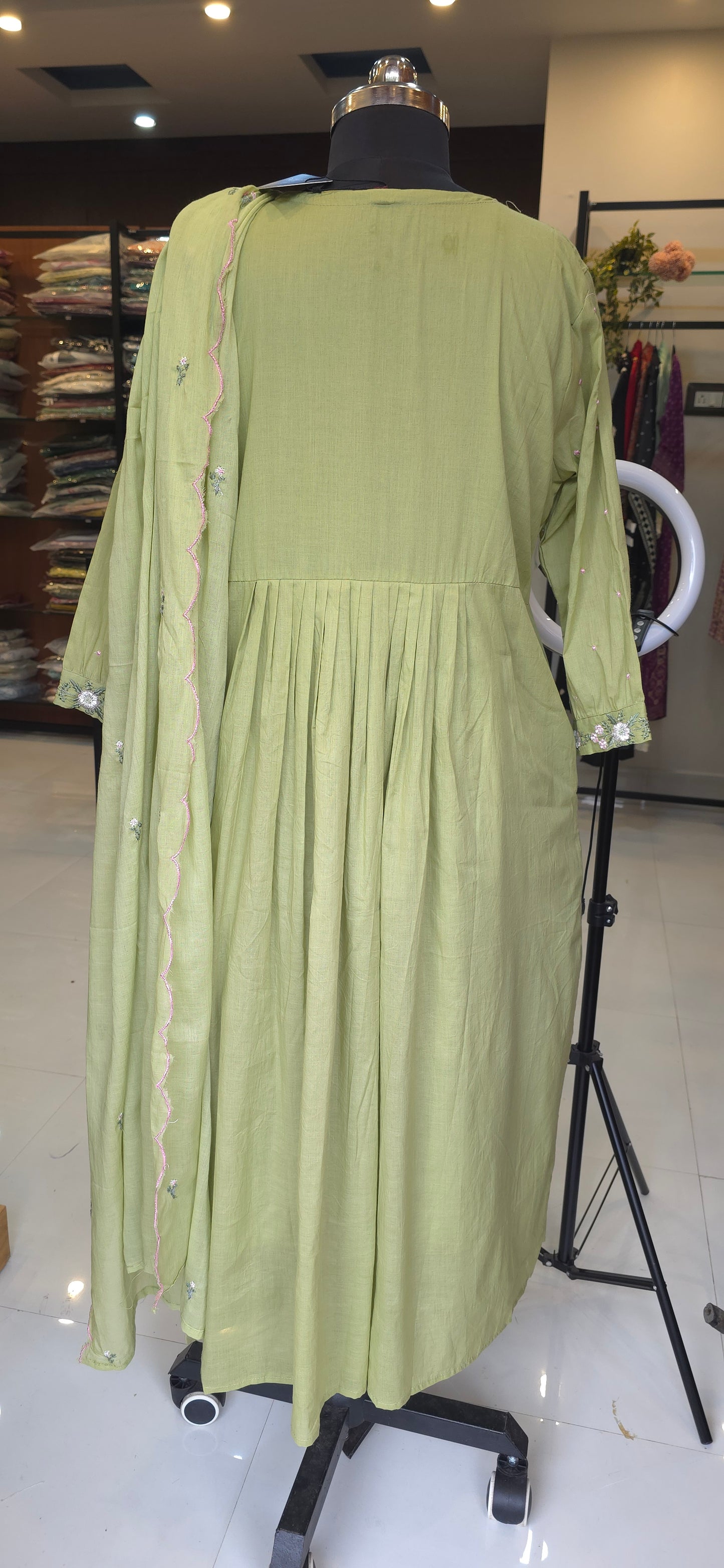 Green Embroidery Mul cotton A-line  Kurti Pant Dupatta set