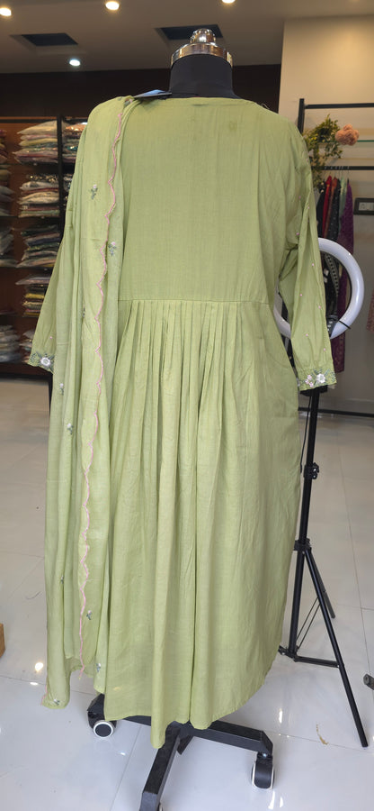 Green Embroidery Mul cotton A-line  Kurti Pant Dupatta set