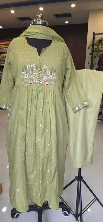 Green Embroidery Mul cotton A-line  Kurti Pant Dupatta set