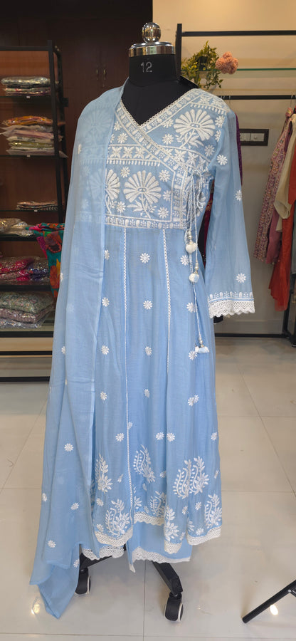 Blue Mul Cotton Chickankari Anarkali Dupatta Pant Set