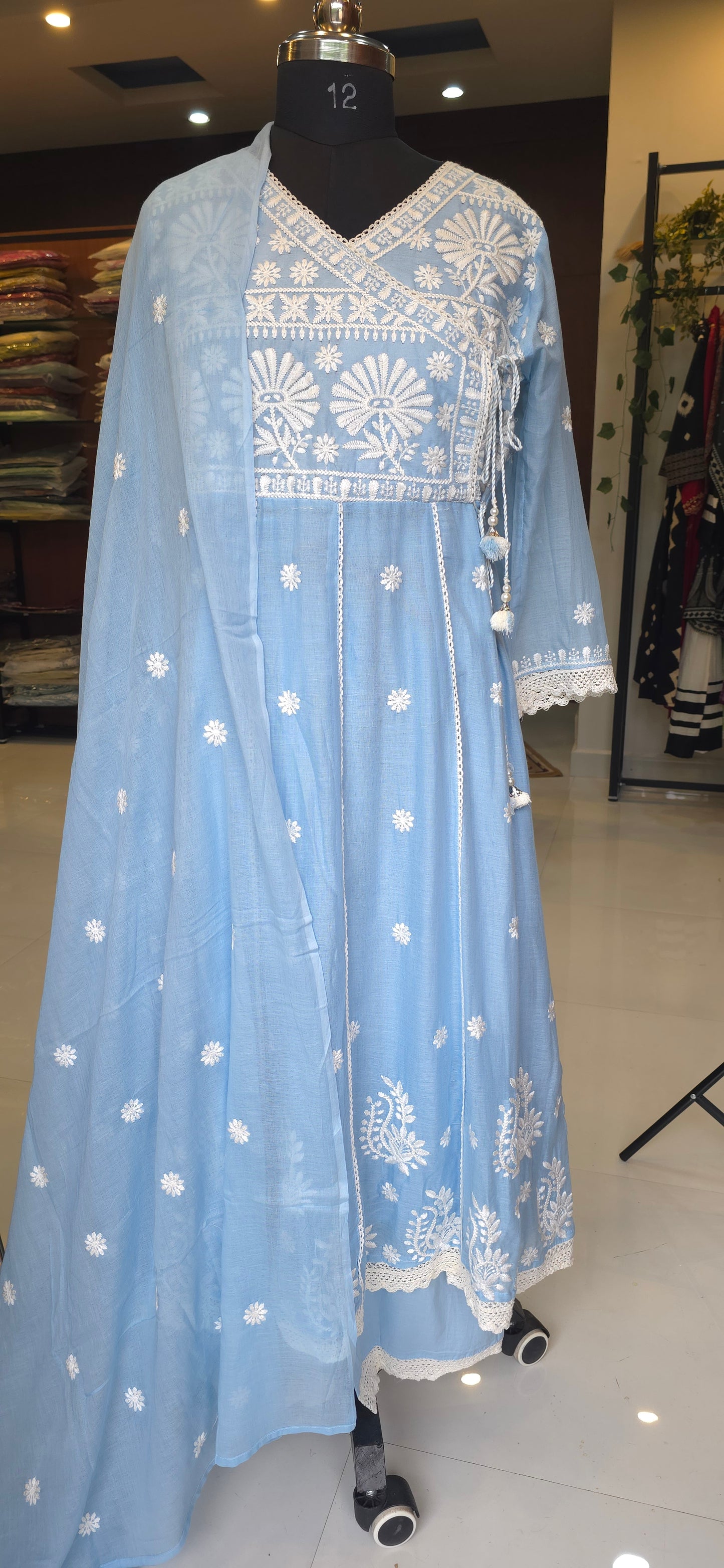 Blue Mul Cotton Chickankari Anarkali Dupatta Pant Set