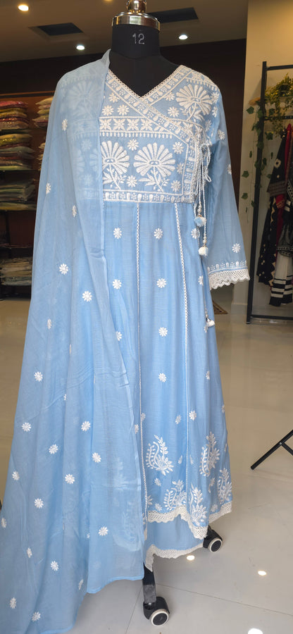 Blue Mul Cotton Chickankari Anarkali Dupatta Pant Set