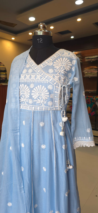 Blue Mul Cotton Chickankari Anarkali Dupatta Pant Set