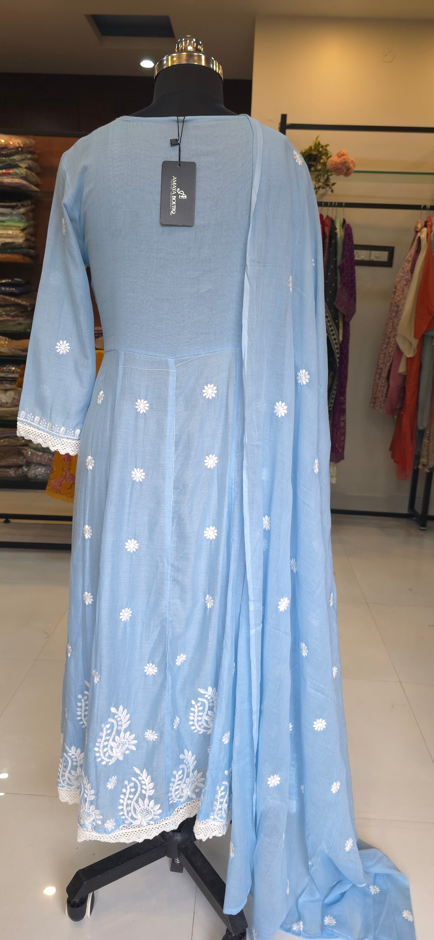 Blue Mul Cotton Chickankari Anarkali Dupatta Pant Set