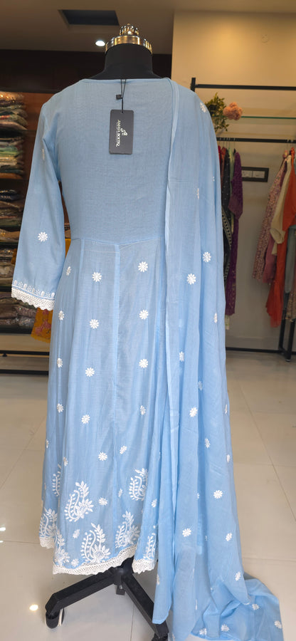 Blue Mul Cotton Chickankari Anarkali Dupatta Pant Set