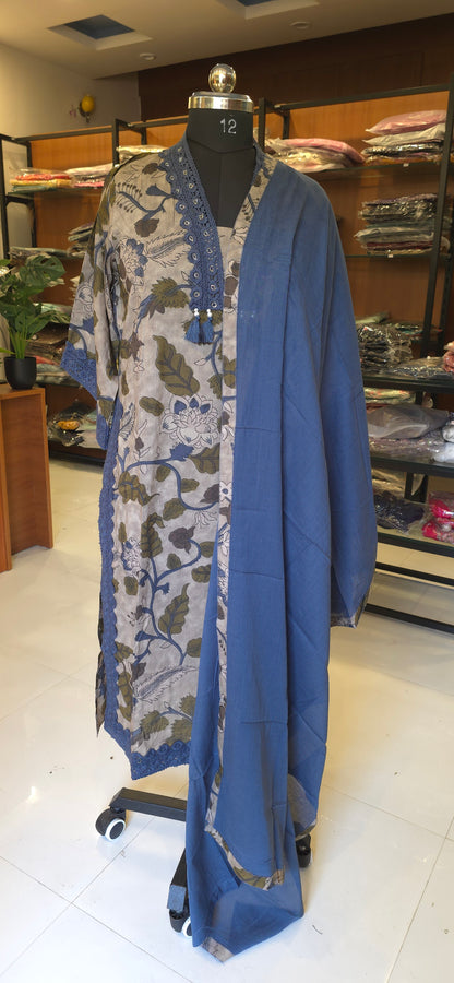 Blue Kalamkari kurti pant dupatta set