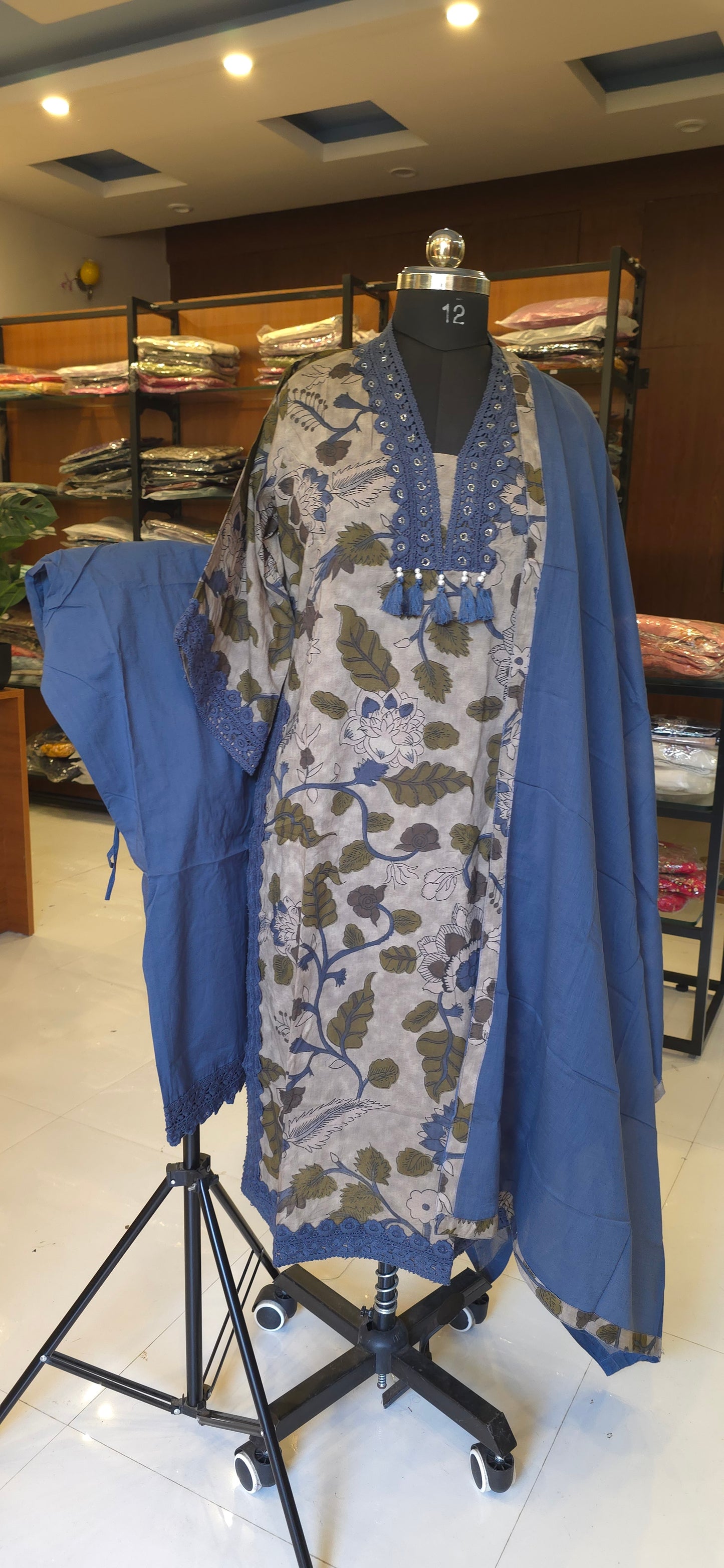 Blue Kalamkari kurti pant dupatta set