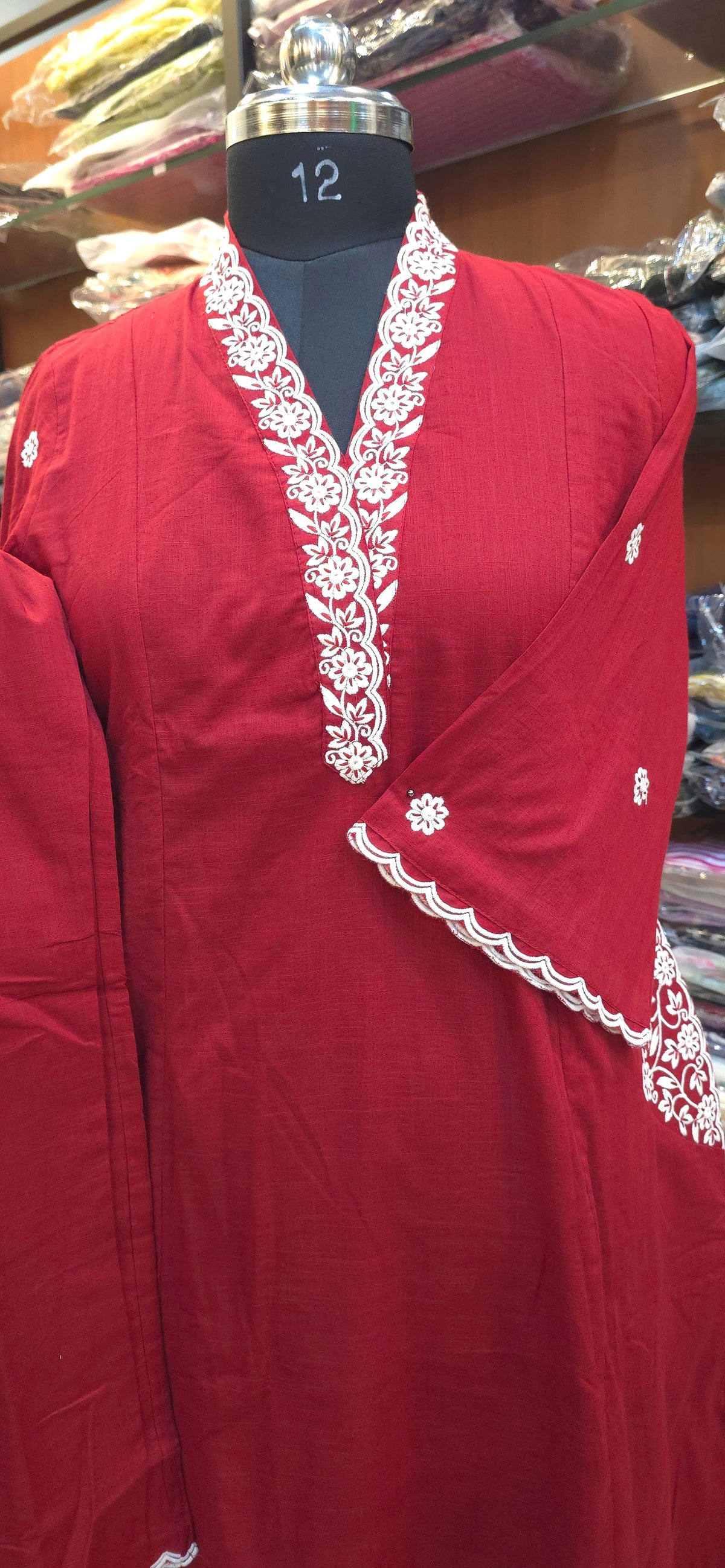 Red A Line embroidered kurti pant set