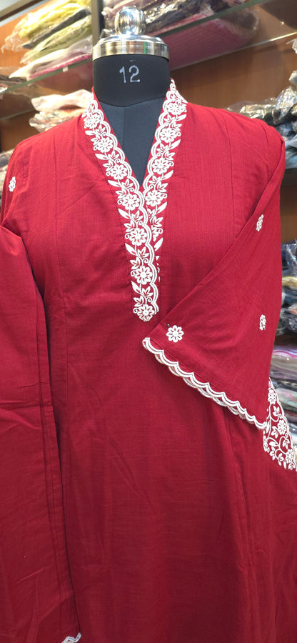 Red A Line embroidered kurti pant set