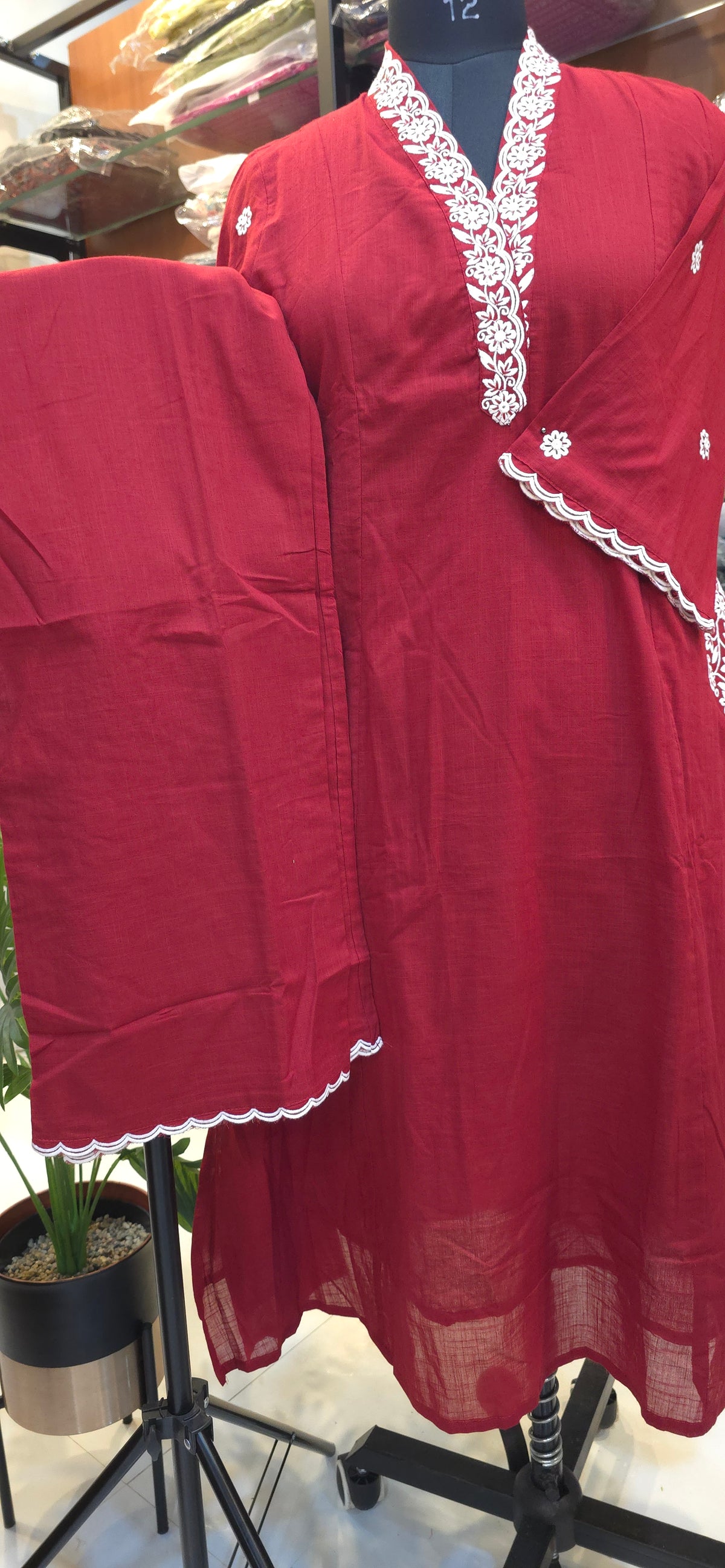 Red A Line embroidered kurti pant set