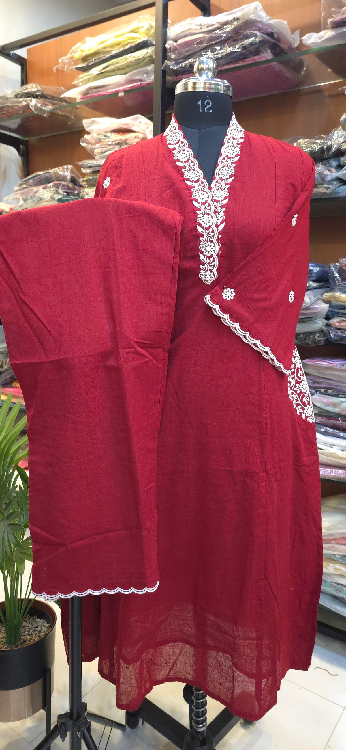 Red A Line embroidered kurti pant set