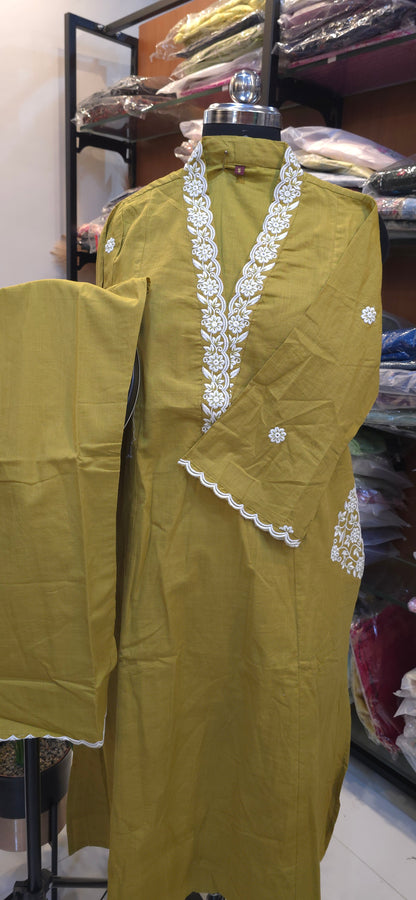 Mehandi Green A Line embroidered kurti pant set