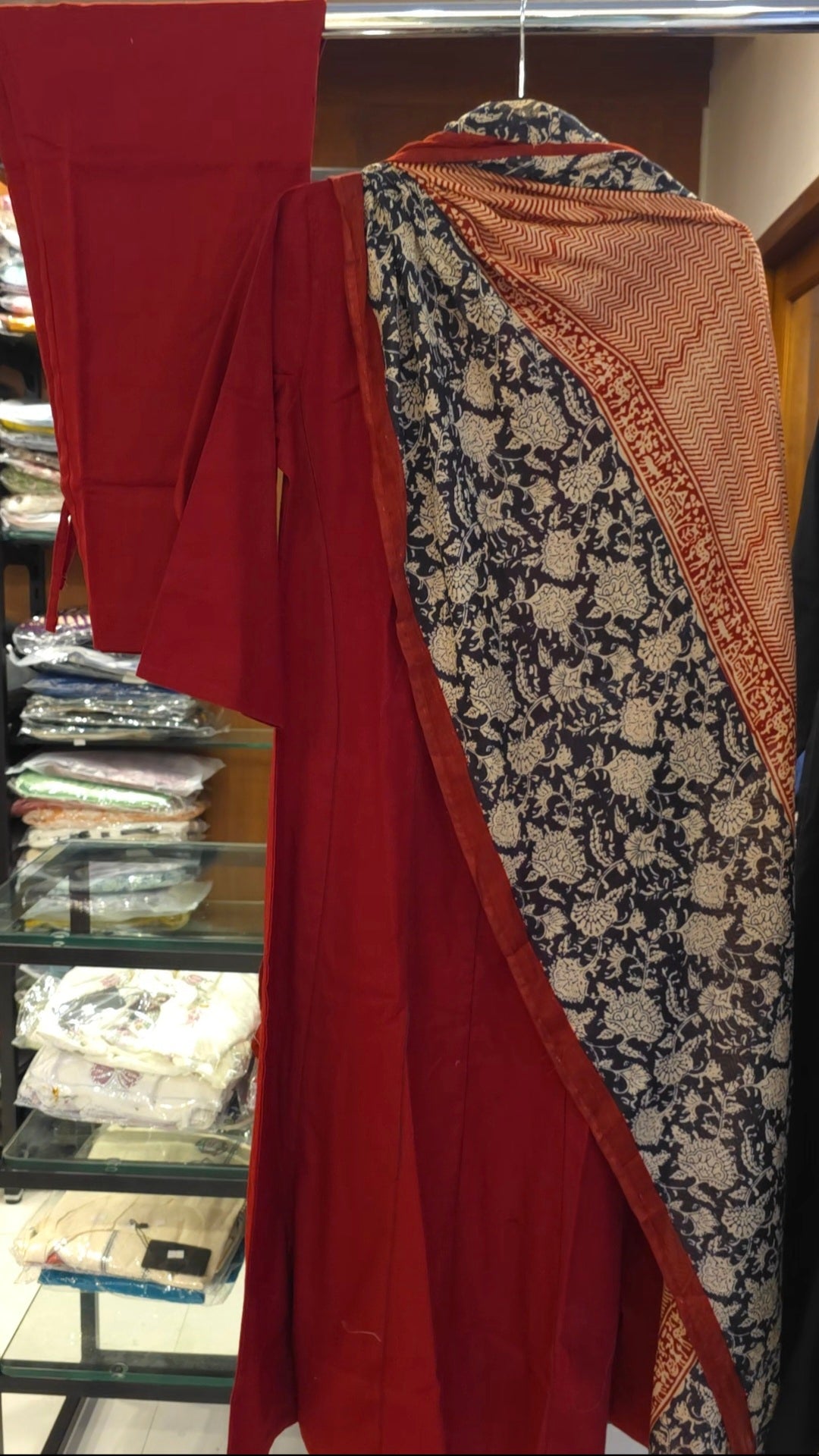 Solid Red Ajrakh Dupatta  Suit Set