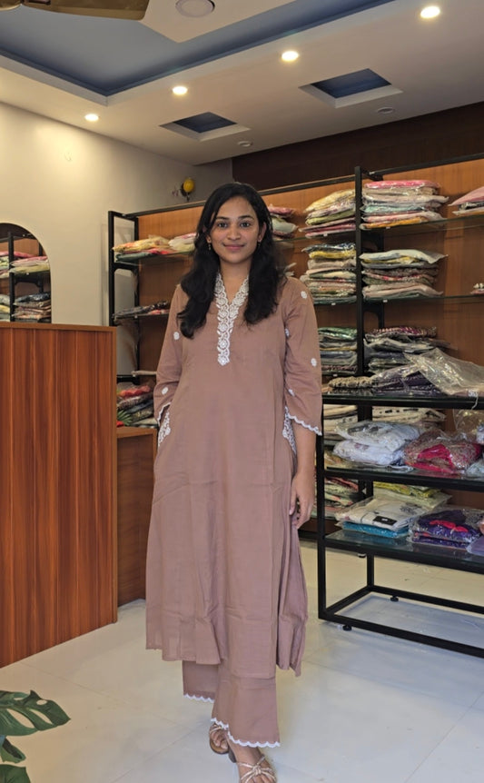 Beige A-line Kurti Pant Set