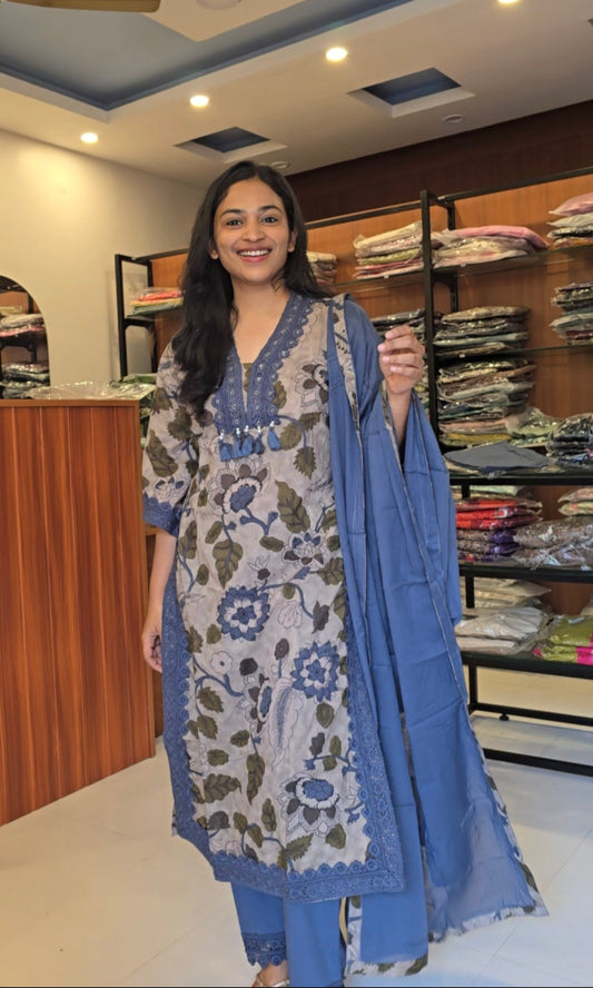 Blue Kalamkari kurti pant dupatta set