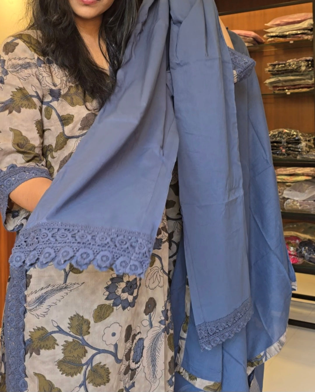 Blue Kalamkari kurti pant dupatta set