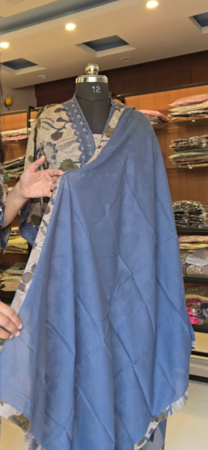 Blue Kalamkari kurti pant dupatta set