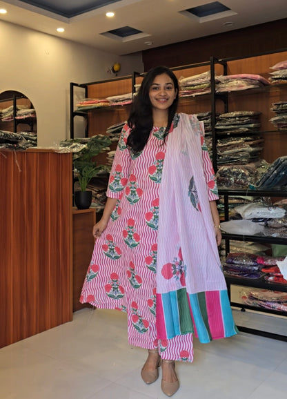 Pink & White Cotton Salwar suit Set