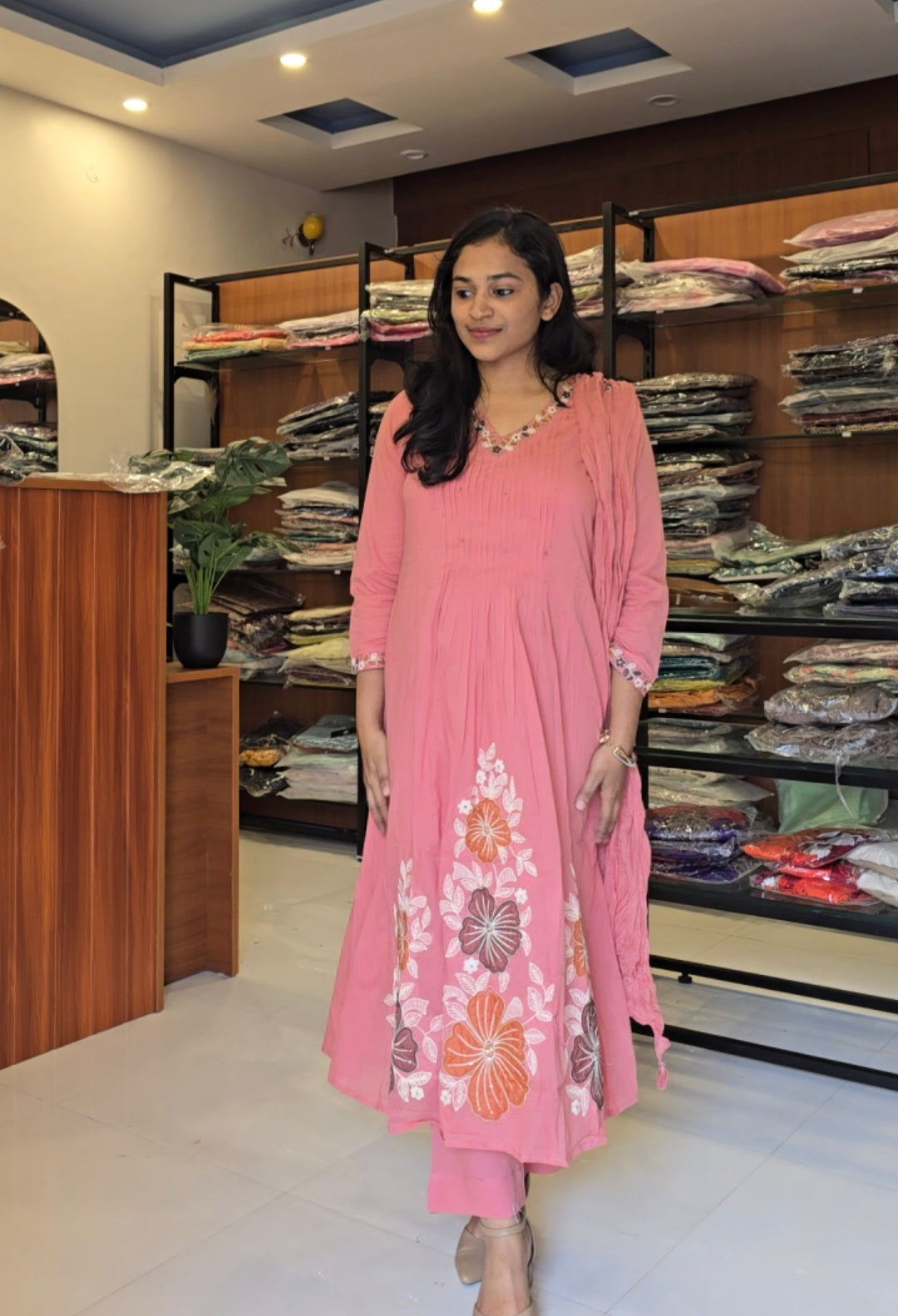 Peach Cotton Aline salwar suit set