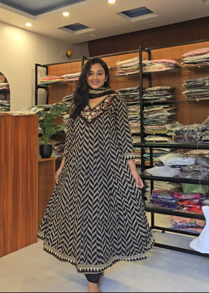 Black Beige Anarkali cotton set