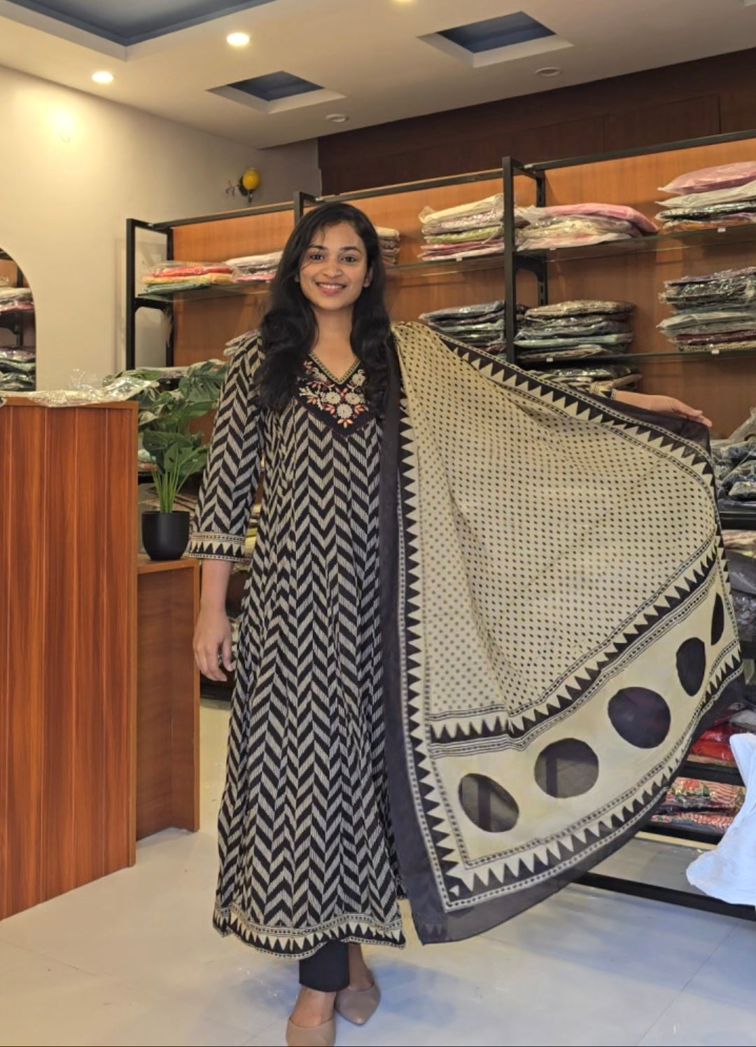 Black Beige Anarkali cotton set