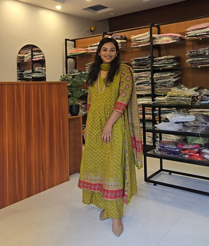 Olive Green printed A-line Salwar Set