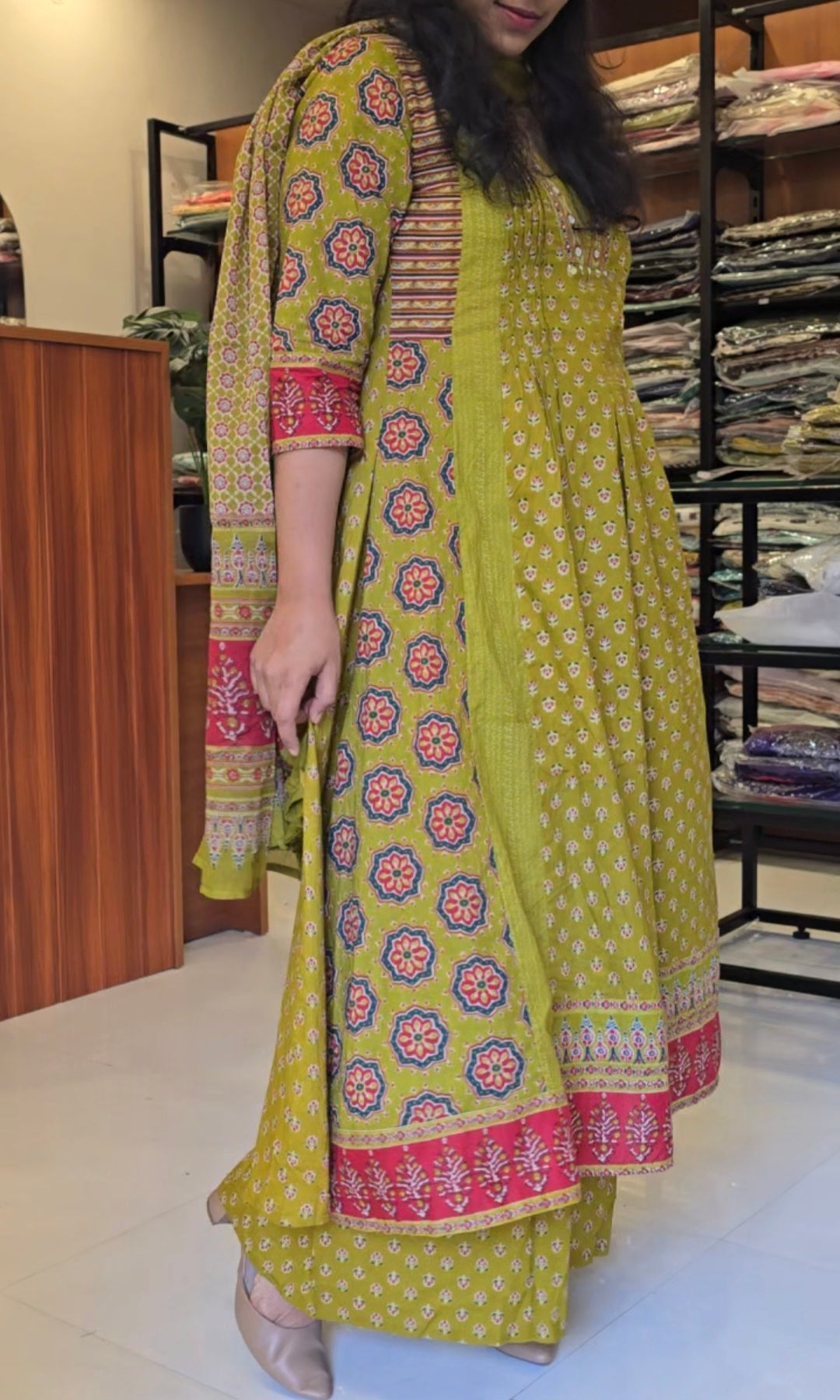 Olive Green printed A-line Salwar Set