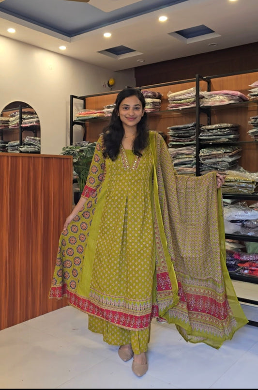 Olive Green printed A-line Salwar Set