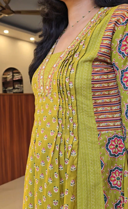 Olive Green printed A-line Salwar Set