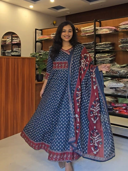 Navy Angraha Anarkali kurti pant Dupatta set