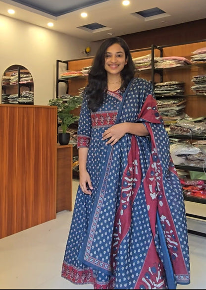 Navy Angraha Anarkali kurti pant Dupatta set